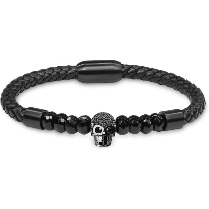 Bracelet Homme Tête De Mort Skull - Onyx Et Hématite - Acier Inoxydable - Neuf Avec étiquette