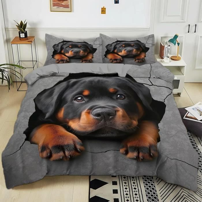 Parure de lit imprimé 3D 200x200 cm Animal Rottweiler Gris Housse de Couette avec 2 Taie 65x65cm Ensemble Literie Enfants Ado