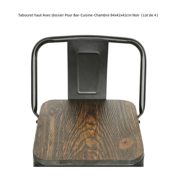 Tabouret haut industriel rétro en métal noir pour bar-cuisine-chambre (Lot de 4)