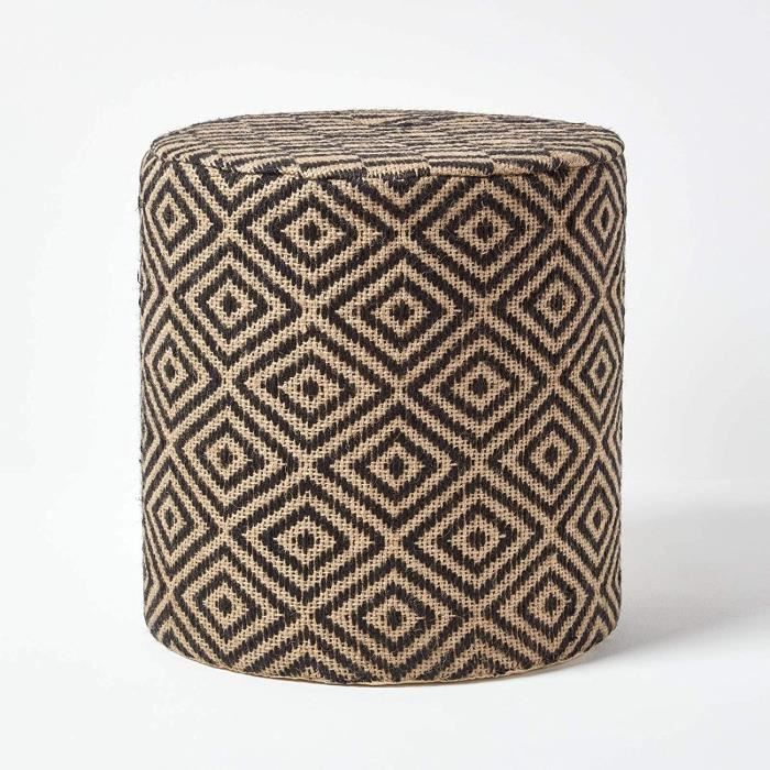 Pouf Rond en Jute à Motifs Losanges Noir et crème 40 x 40 x 42 cm[786