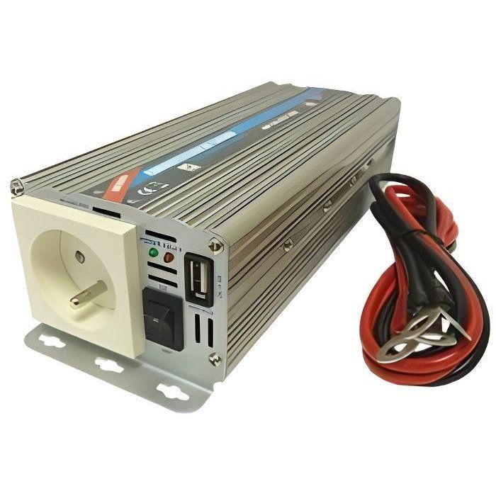 Convertisseur de tension HTC TECHNIC - 24V/220 V - 600 W - Prise USB 2A - Avec câbles batterie