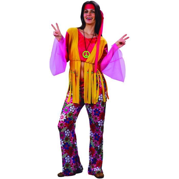 Déguisement hippie femme - MARQUE - Tee-shirt rose, pantalon élastique, motifs Flower Power