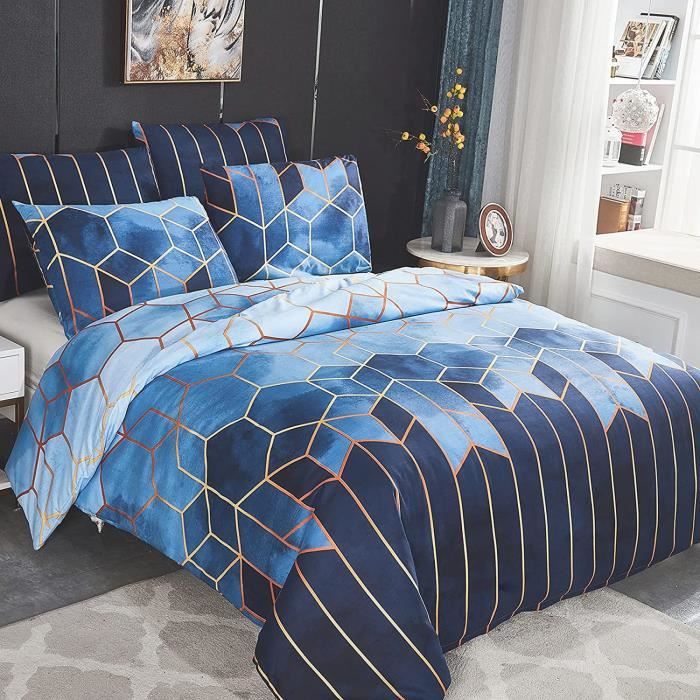 Housse de Couette Géométrique Imprimé Boho Microfibre - Bleu - 200x200 cm