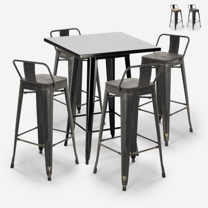 ensemble table haute industrielle et 4 tabourets vintage tolix rush black - couleur wenge