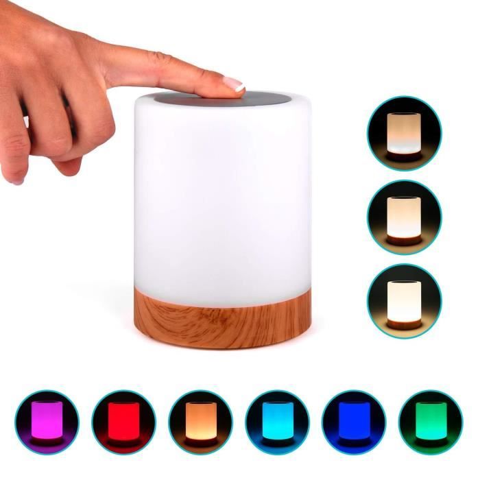 Veilleuse RGB portable de couleur changeante et intensité variable Lampe de chevet nomade LED avec contrôle tactile et design en bois Lanterne moderne rechargeable USB pour chambre salon jardin 