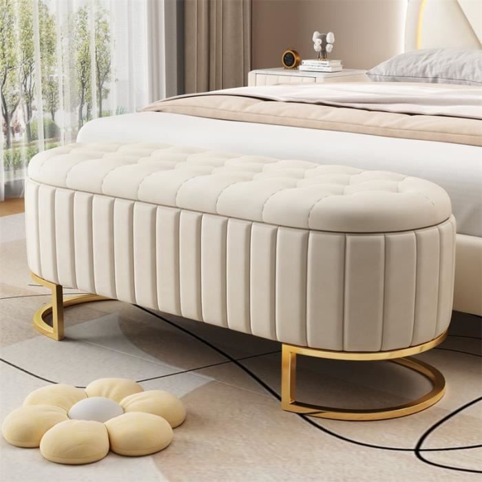 Banc Rembourré Velours Wuudi 138x41cm - Avec Rangement - Gris - Ottoman Lit