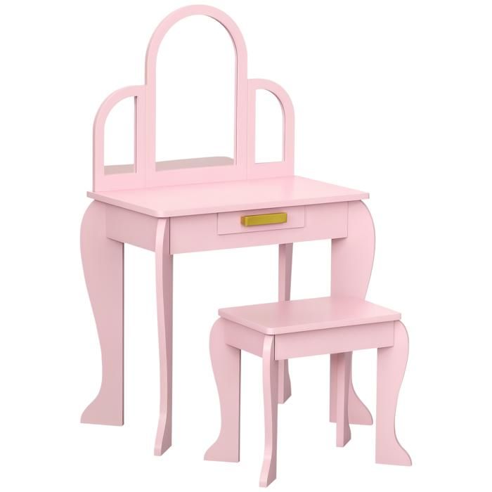 Coiffeuse Enfant avec Tabouret HOMCOM MDF 52x32x85cm Rose