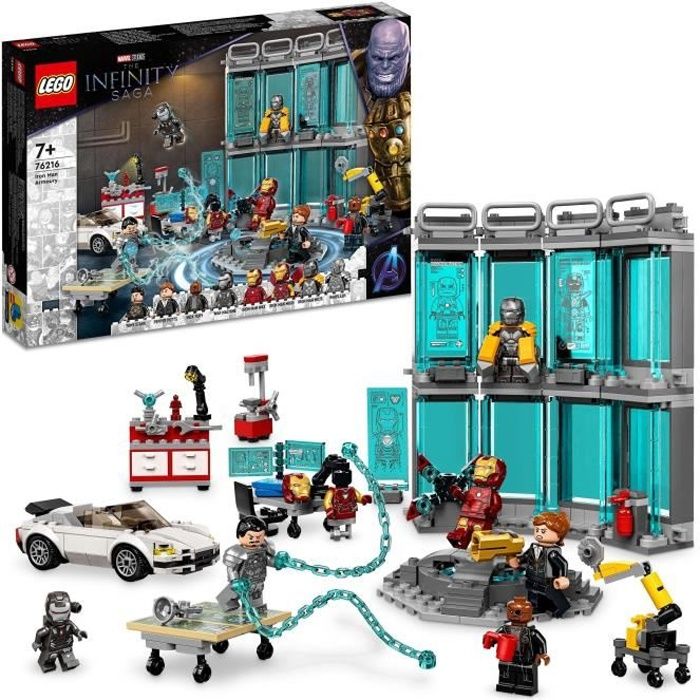 lego 76216 marvel l’armurerie d’iron man, jouet avengers, figurine tony stark, cadeau super-héros, garçons et filles 7 ans et plus