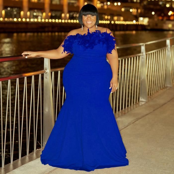 Robe de soiree grande taille sirene avec epissage de plumes et sans bretelles Blanc Cdiscount Pret a Porter