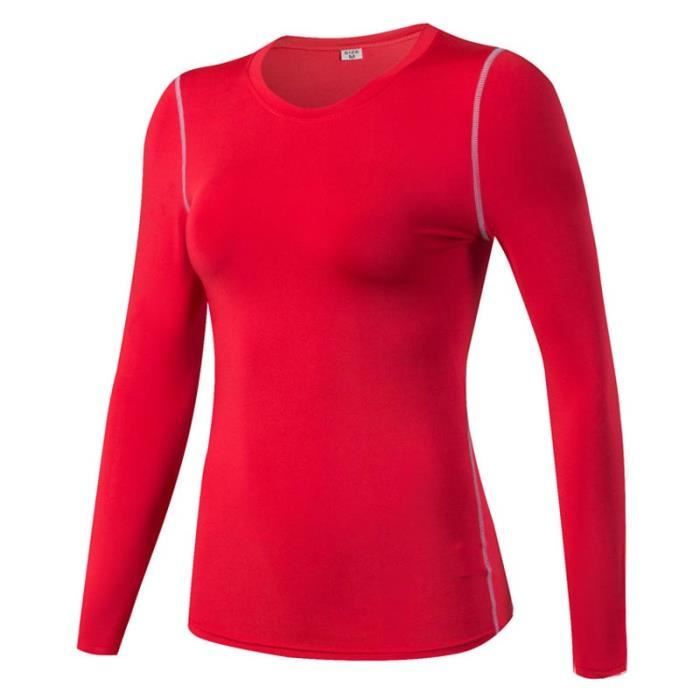 T-Shirt Fitness Femme Manches Longues Elastique Respirant Rouge