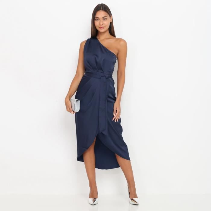 robe asymétrique satinée bleu marine