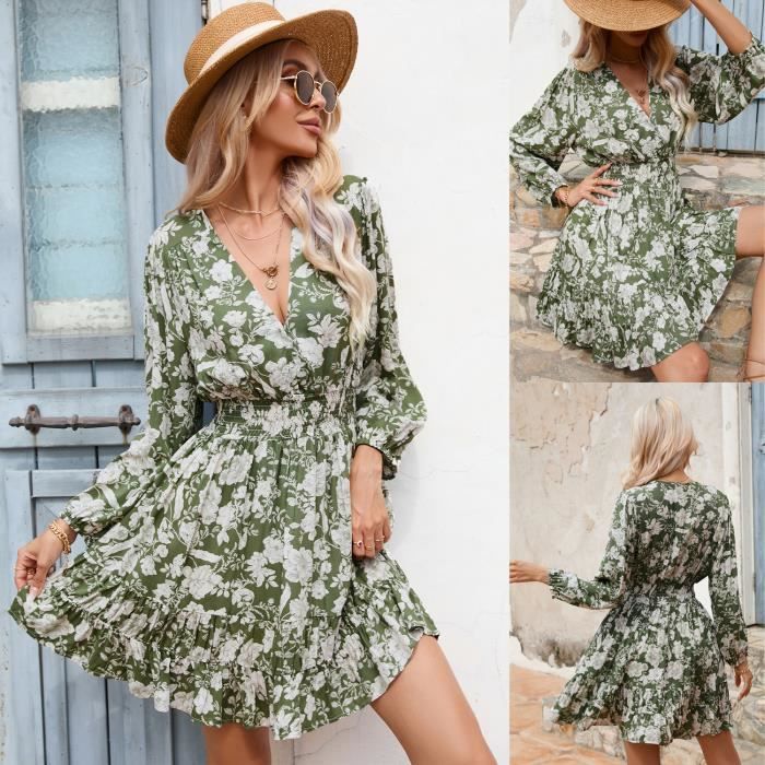 Robe Patineuse Femme été Imprimée : Col V, Nœud Dos, Extensible - Tailles 36 à 48
