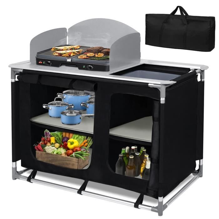WOLTU Table De Camping Avec Rangement - 3 Niveaux, 3 Poches - Cadre Alu, Plateau Bois - Sac De Transport