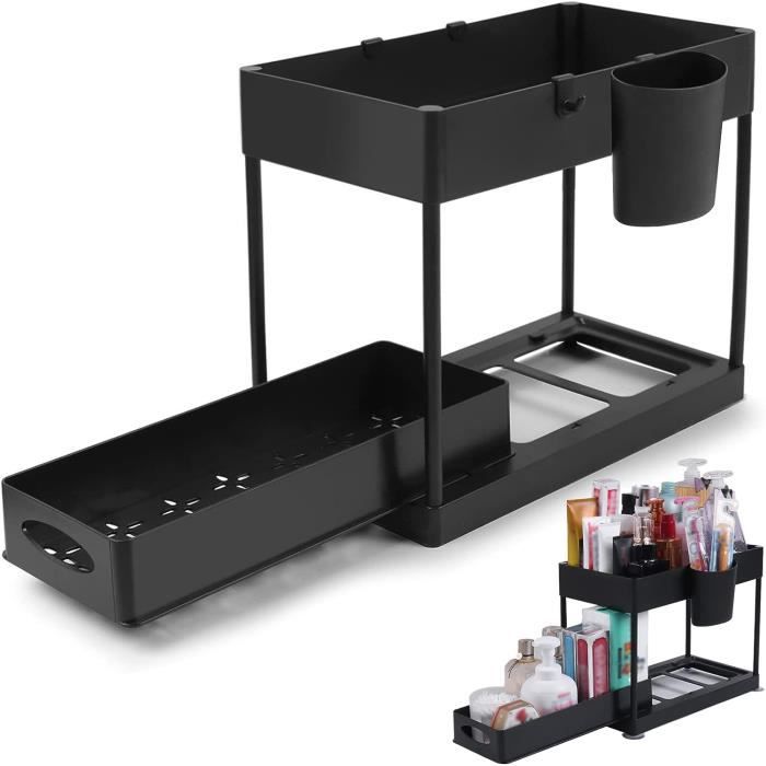 Rangement Sous Évier Mointal 2 Paniers Coulissants Bois - Hauteur Réglable 3 Niveaux - Organisateur Cuisine Noir
