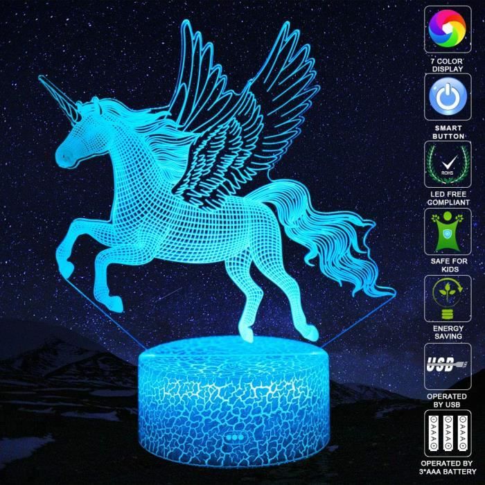 Licorne 3d Lampe Avec Telecommande Led Eclairage 7 Couleurs