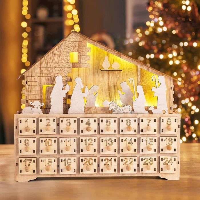 Calendrier De L'Avent Lumineux HOMCOM En Forme De Village Enneigé - 24 Tiroirs, LED Blanc Chaud, Décoration De Noël Réutilisable - 9