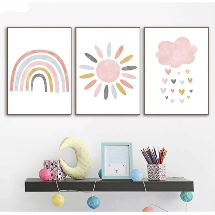 4 Affiches Boho Arc-en-Ciel - Déco Chambre Bébé Ou Enfant - Poster 21x30cm Nuage Soleil Fleurs