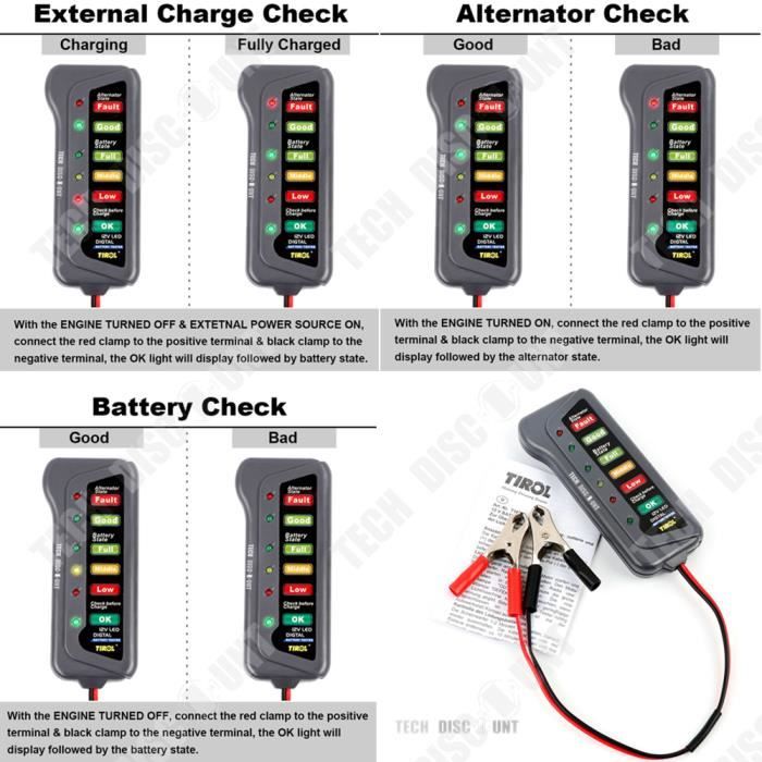 Testeur De Batterie Voiture 12V Numérique YONGYAO - Branchement Allume-cigare, 3 LED Indicateurs, Détection Tension Et Alternateur