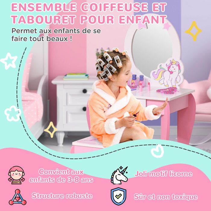Janod Coiffeuse Enfant Licorne - Avec Miroir, Tabouret Et 10 Accessoires - Dès 3 Ans - J06464