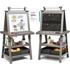 Tableau Enfant COSTWAY Blanc Magnétique et Noir, Rouleau de Papier (Papier inclus), 3 Etagères et 2 Bac de Rangement Gris