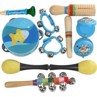 11Pcs Instruments de Musique Enfant Bébé Jouet en Bois pour Enfant Ensemble de Clochettes et Tambour