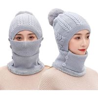 Bonnet en tricot doublé pour femme,écharpe d'hiver pour femme,fille,bonnet chaud,cache-oreilles avec pompon-Gris