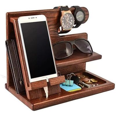 Station D'accueil En Bois Pour Téléphone - Organisateur Bureau Avec Support Clés Et Portefeuille - Cadeau Homme (papa, Mari, Petit Ami)