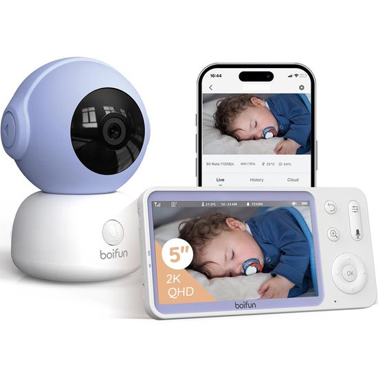 Babyphone Vidéo Beylatann 2K Avec Moniteur 5" IPS + App WiFi - PTZ 355°, Nuit, Berceuses, Détection Pleurs
