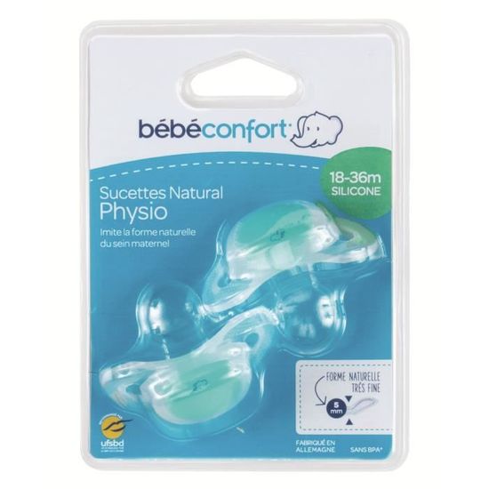 BEBE CONFORT Sucette Natural Physio 18-36 mois x2 - Silicone - Turquoise