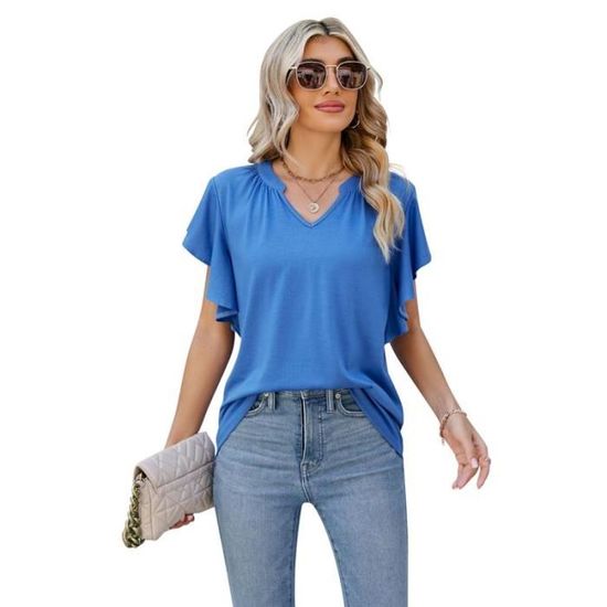 T-shirt Femme Col V Avec Nœud Papillon - Manches Courtes Unie - Polyester - Neuf Avec étiquettes