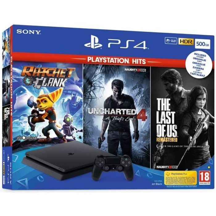 Console PS4 Slim 500Go Noire - Sony - Uncharted - Ratchet & Clank - The Last Of Us Remastered