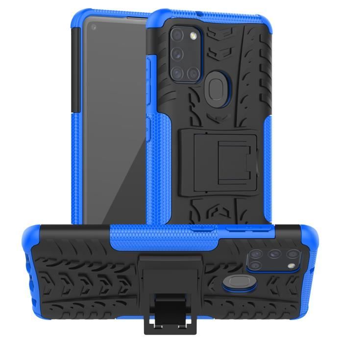 Coque pour Samsung A21S - Blue avec Verre Trempé, TPU Robuste en Silicone Étui PC Hybrid Double Layer Housse.