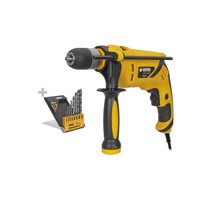 Perceuse Visseuse à percussion 850W VITO mandrin 13mm poignée Coffret forêts 8 pièces Acier inclus