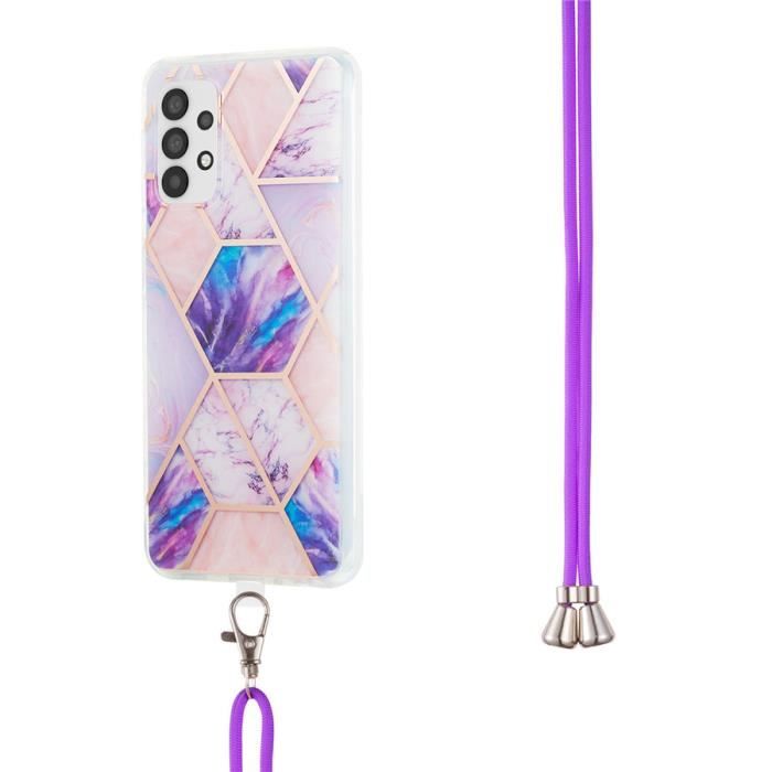 Coque Samsung Galaxy A32 (5G), Paillette Marbre Motif Silicone Avec Corde Ultra-fin Légère Durable Anti-Rayure, Violet clair