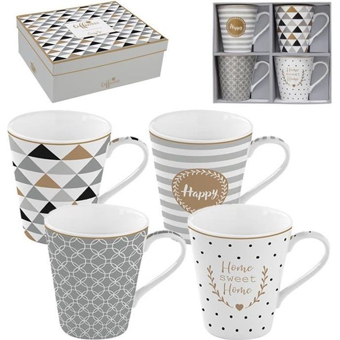 EasyLife - Coffret 4 Mugs en Porcelaine FINE COFFEE MANIA HAPPY