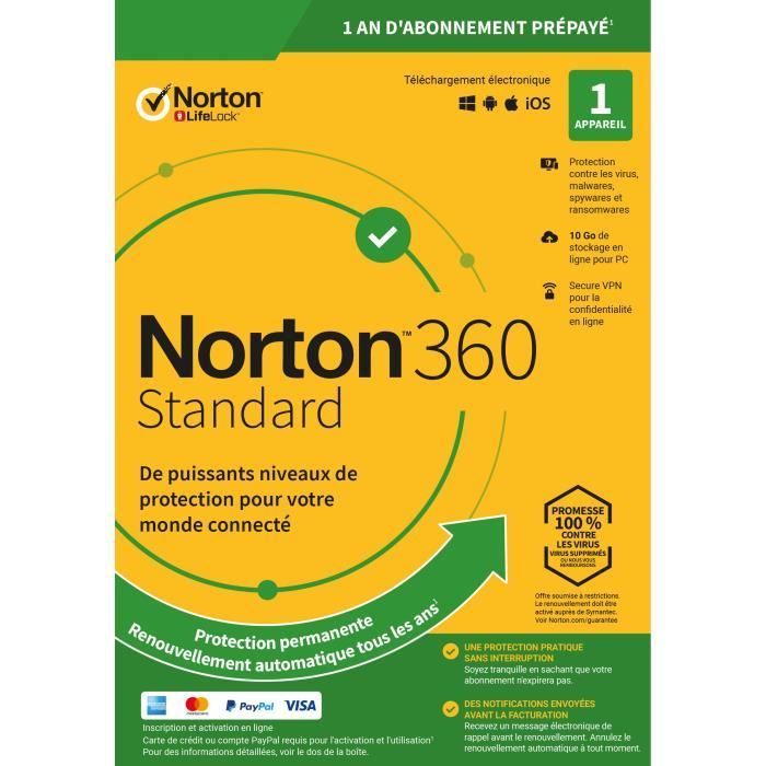 NORTON 360 Standard 10 Go FR 1 Utilisateur 1 Appareil - 12 Mo STD RET ENR MM