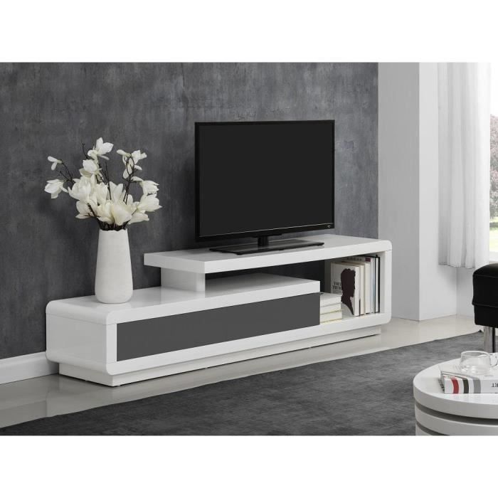 Meuble TV ARTABAN - 2 tiroirs - MDF laqué - Blanc et gris