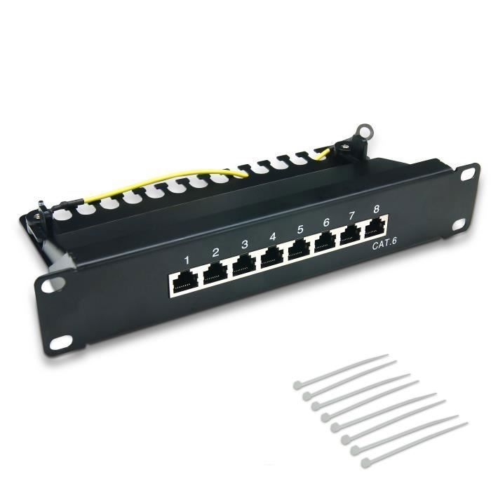 Panneau de brassage noir 8 ports Cat. 6 blindé rackable 10-