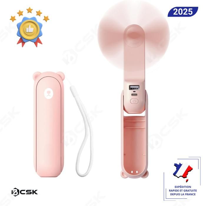 Mini Ventilateur Portable BCSK® 3 en 1 Ventilateur de poche avec lampe de poche et batterie externe - Chargeur de téléphone - - Bcsk