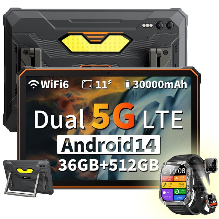 Blackview Active 10 Pro Tablette Tactile 11 Android 1450MP+20MP36+512Go/SD 2To30000mAh(55W) Orange Avec Montre W60 Noir