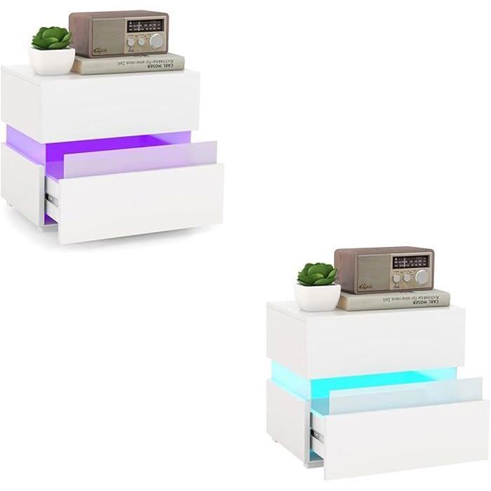 COSTWAY Table de Chevet avec Éclairage LED 20 Couleurs, Table de Nuit 2 Tiroirs, 2 Modes