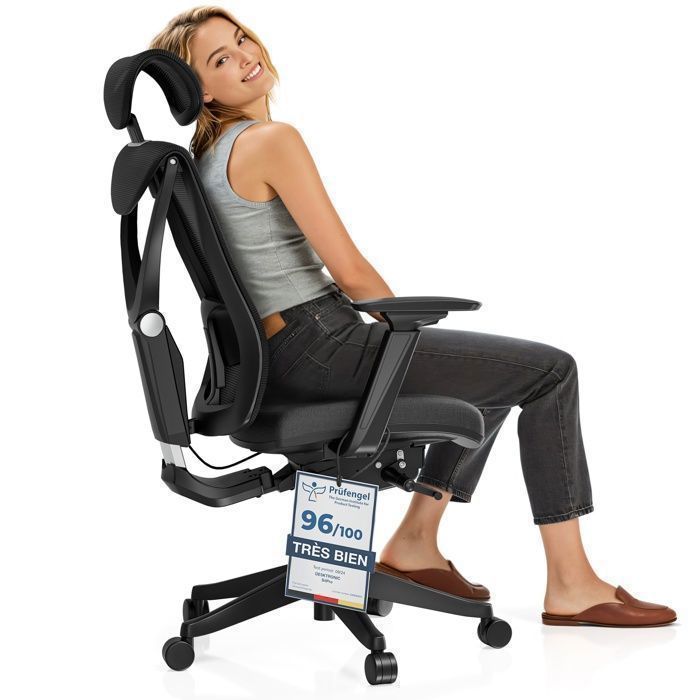 Desktronic Chaise de Bureau Ergonomique réglable SitPro 10 points de réglage 3D Accoudoir Noir