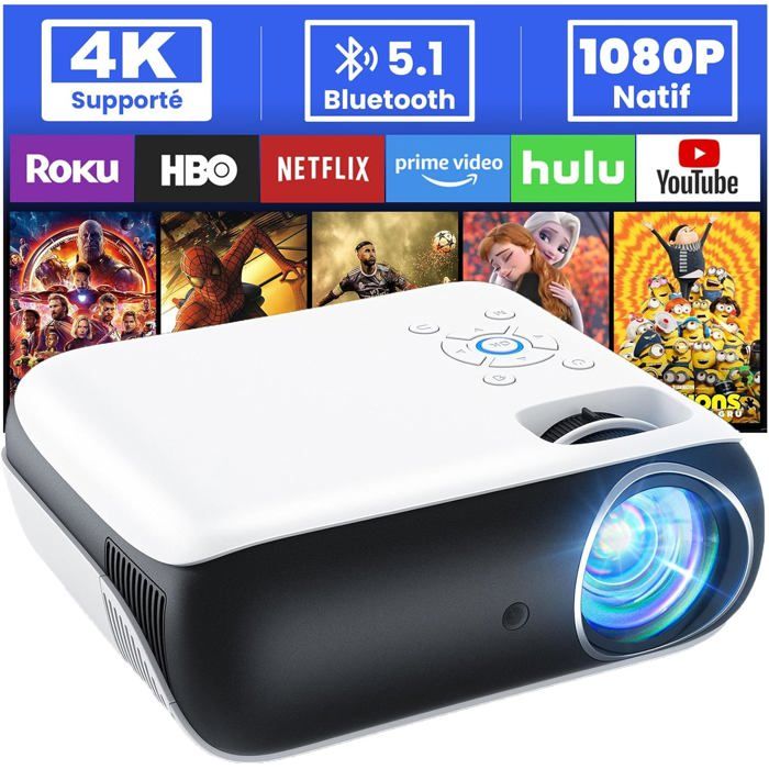 Vidéoprojecteur 4K/1080P Android TV Intégré - Correction Trapézoïdale Auto, Focus Auto, WiFi 6, Bluetooth 5.1 | Support 360° | Pour Cinéma Maison, Extérieur - 4