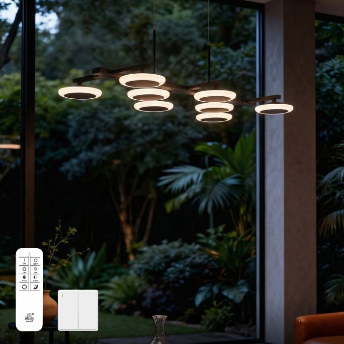 doporro Suspension LED Lampe Noire Mat avec 8 Spots Ronds Moderne 32W Lustre Réglable 2340LM avec Télécommande Alivetta3377