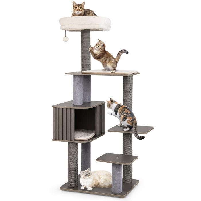 Comparer les prix de COSTWAY Arbre à Chat Multi-niveaux 151 cm Perchoir Coussiné Niche pour Chat Tapis Amovibles Griffoirs Boule à Pompon Suspendue