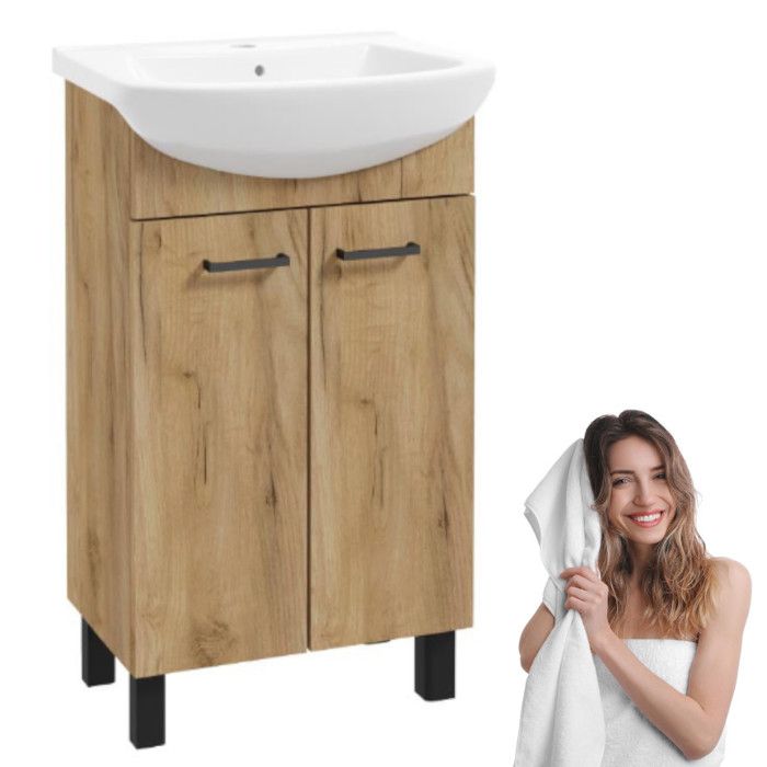 MEUBLE DE SALLE DE BAIN sur pied SAT D50 avec vasque en chêne doré avec deux portes