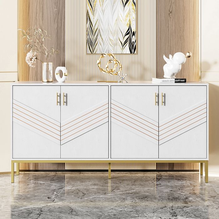Buffet Moderne 4 portes design élégant Blanc et Or MDF avec pieds métal grande capacité étagères réglables Buffet Moderne 4 portes design élégant Blanc et Or MDF avec pieds métal grande capacité étagères réglables