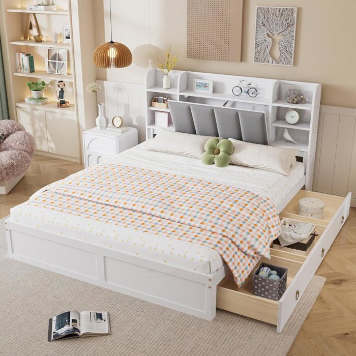 Lit Double 160x200 avec 3 Tiroirs Étagères Ouvertes et Rangement à Porte Pliante Cadre de Lit avec Sommier à Lattes sans Matelas