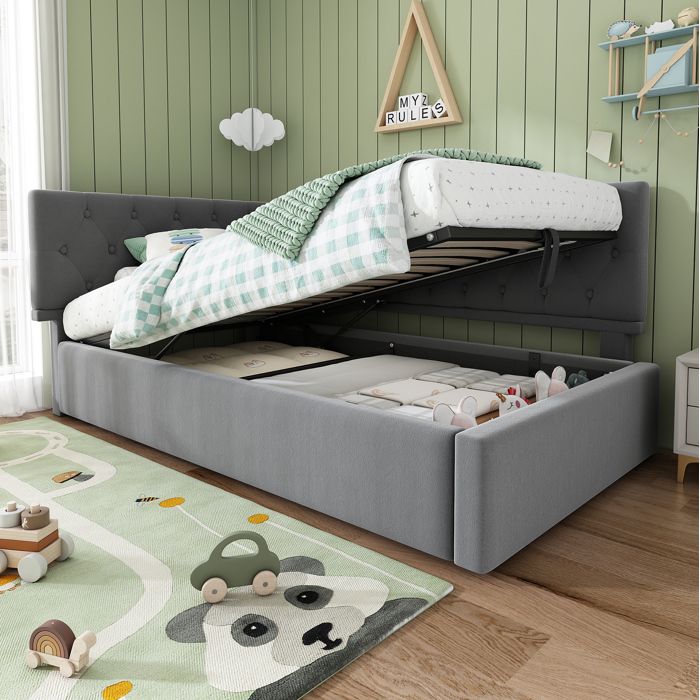 Lit banquette 90 x 190 cm EVRYAE avec sommier coffre hydraulique tête de lit réversible velours gris