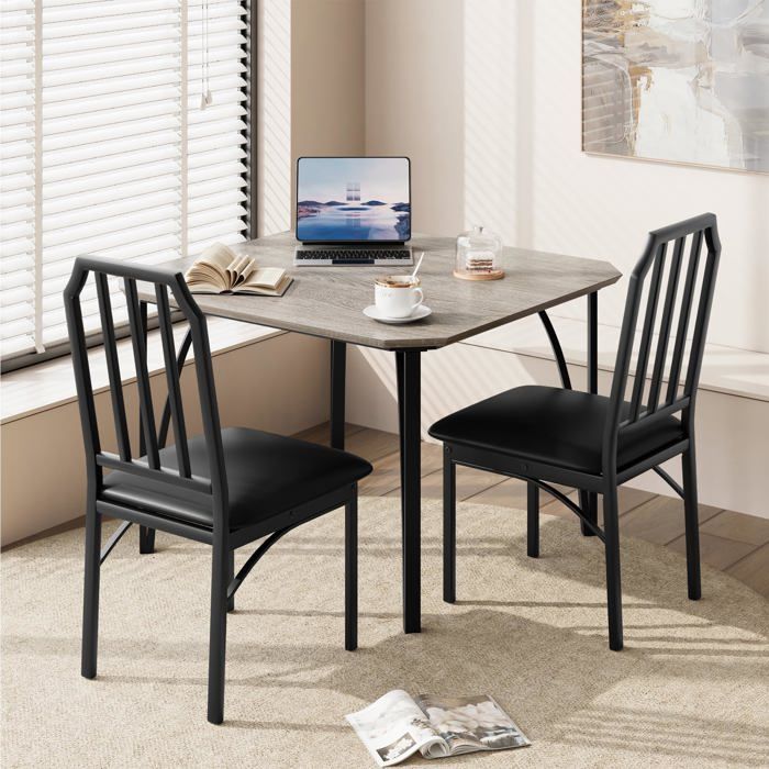 Table à manger carrée LUNSY 2 personnes plateau gris 74 x 74 x 76 cm - Chaises Noir - à bords biseautés
